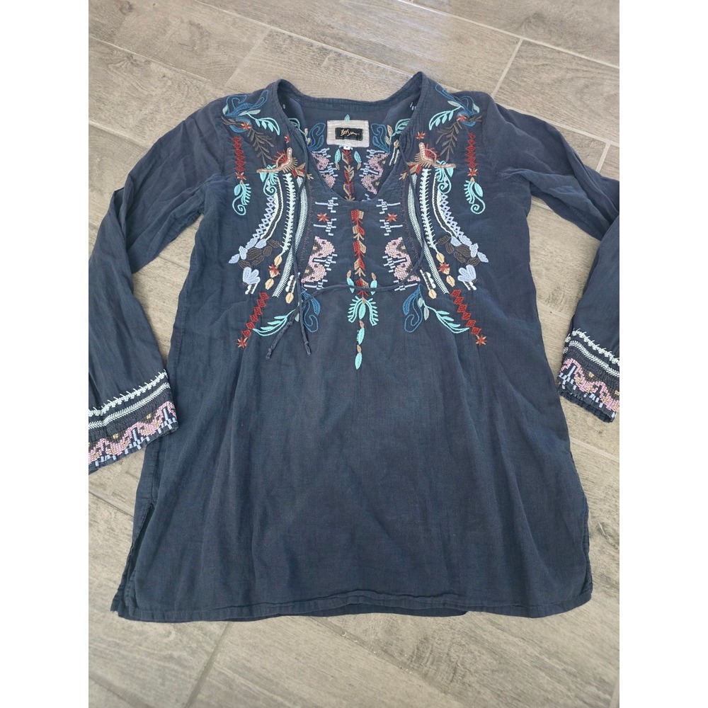 Biya Johnny Was Navy Blue Embroidered Tunic Top Womens Small Boho Swim Tie Neck